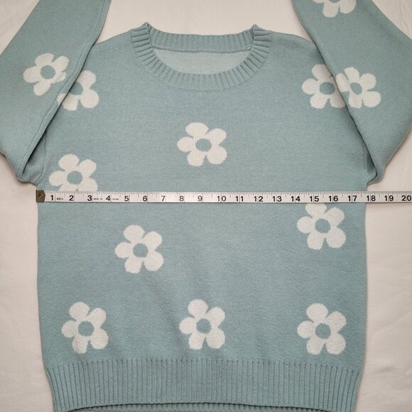 Retro Daisy Floral Print Knit Sweater Crew Neck Teal Blue Girls Boho - Picture 6 of 9